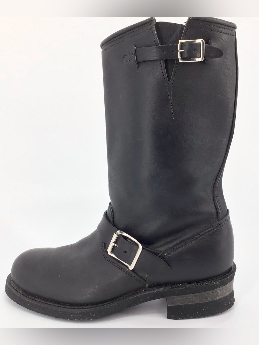 Sonora Double H West Engineer Boots Black Leather Biker Buckle Steel Toe VTG 7